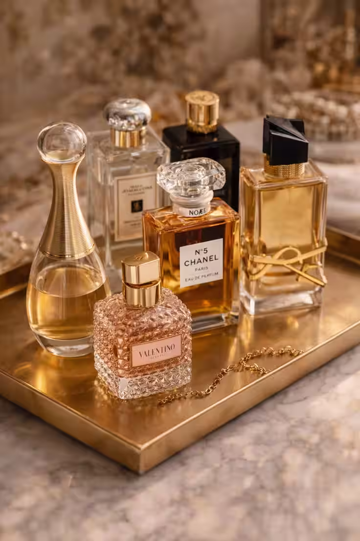 Frascos de perfume sobre superficie clara