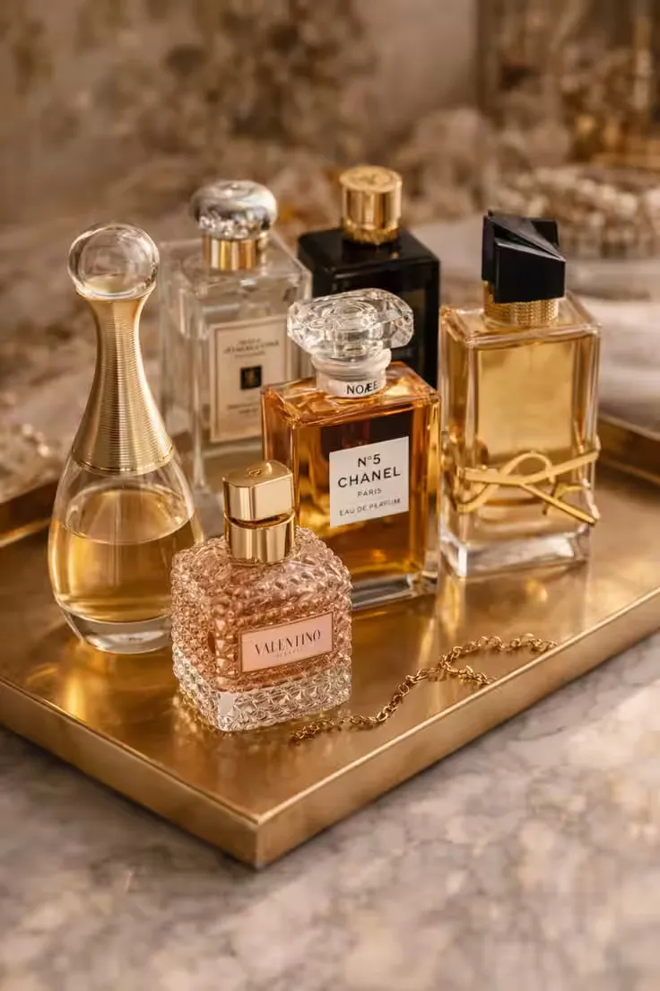 Frascos de perfume sobre superficie clara