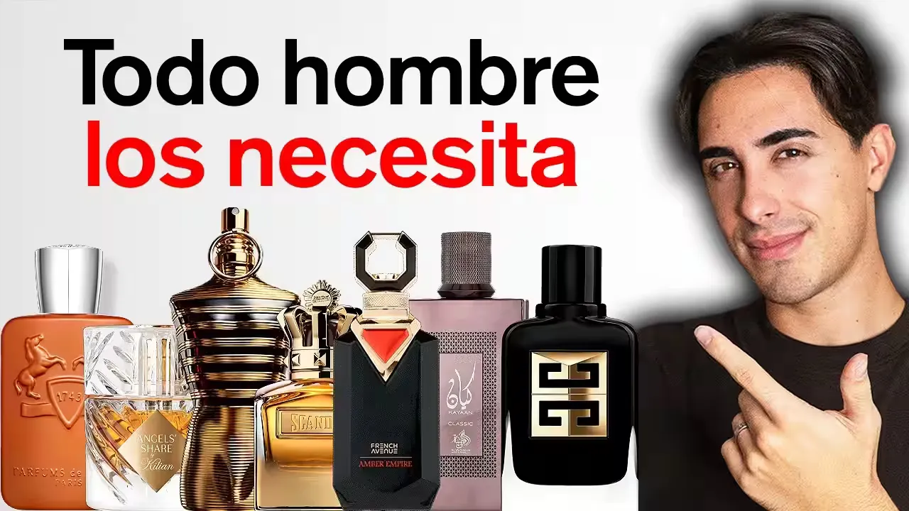 Botellas de perfumes masculinos de disenador, nicho y arabes dispuestas sobre una superficie invernal, destacando opciones elegantes y calidas.